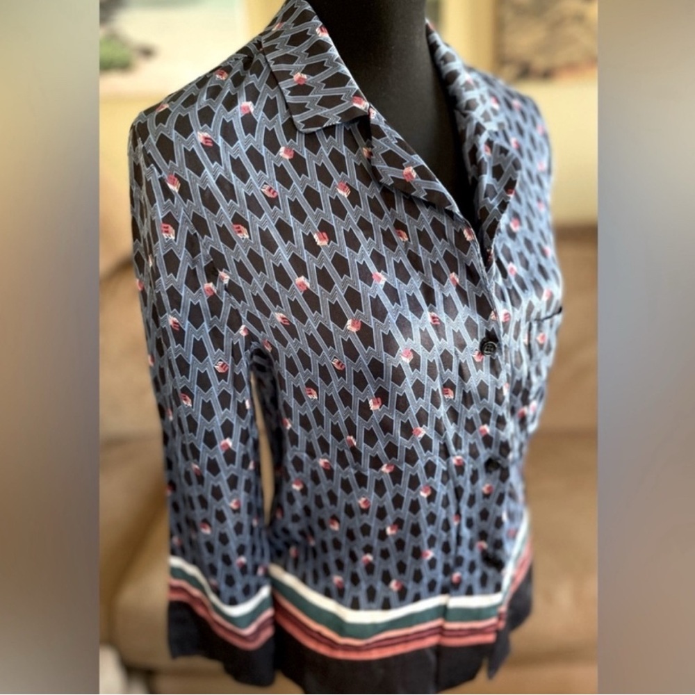 Maje Geometric Blue and Red Button Down Shirt